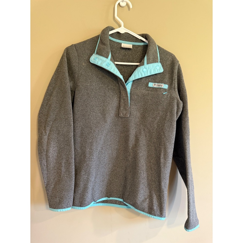 Columbia PFG Womens Fleece Pullover Snap T Gray Aqua Blue Small Sweater Jacket